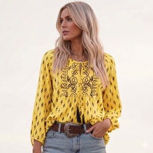 NEW Yellow Boho Blouse with Black Print Design Casual Long Sleeves Top Bohemian